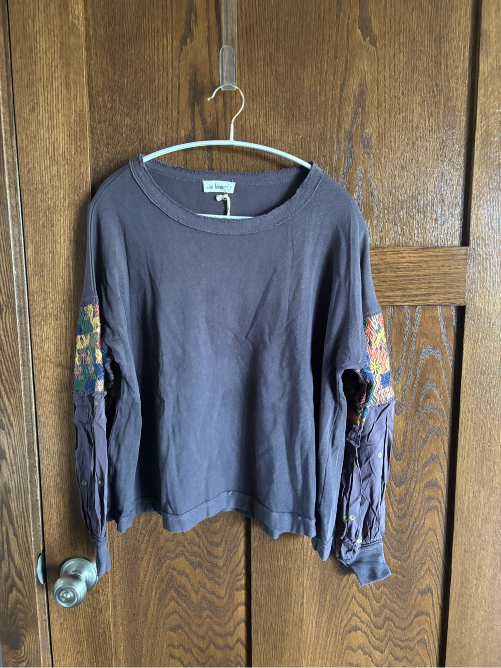 Charcoal Embroidered Long Sleeve Raw Hem Tee.  Small.  In Loom.